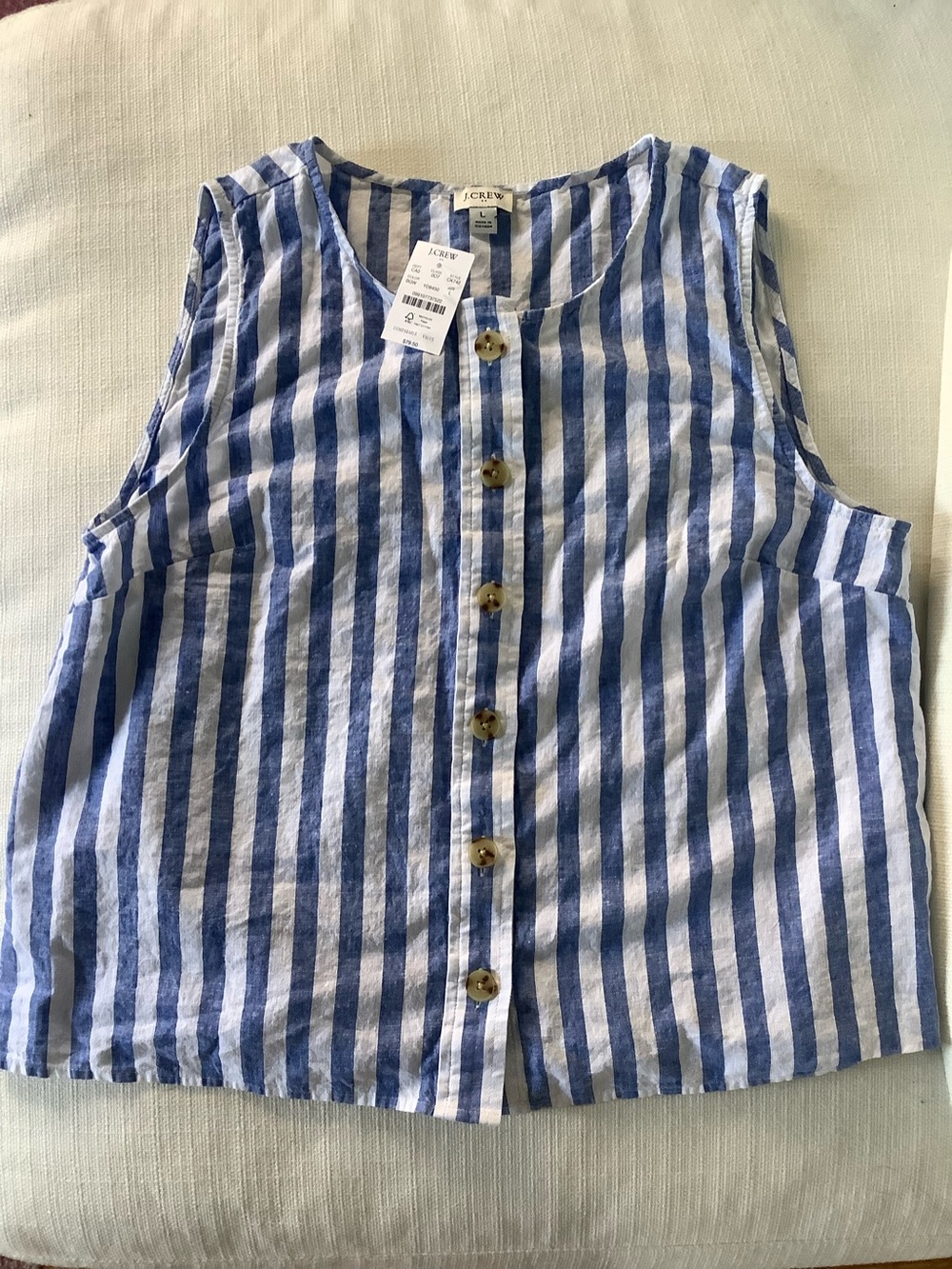 J. Crew Blue and White Striped Button-Front Linen Tank